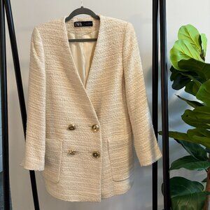 Oversized Zara Textured Blazer - Cream with Gold Buttons